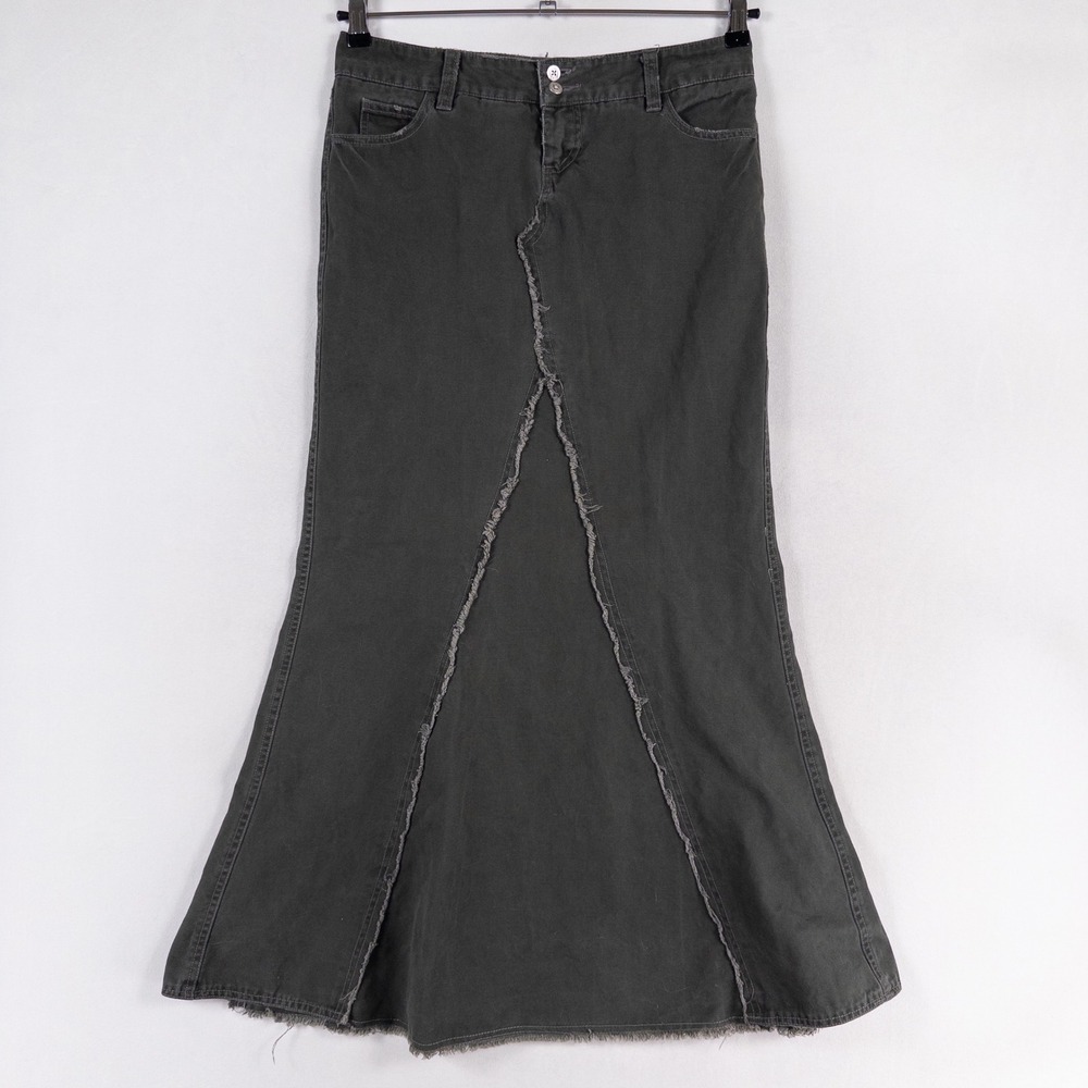 Vtg Y2K Nori Maxi Skirt Sz 3 Gray Green Distressed Raw Edge Cotton Canvas Grunge